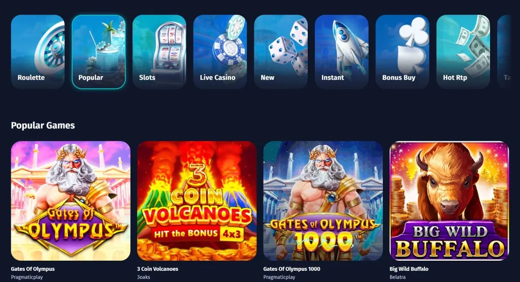Surfplay game categories and popular titles including Gates of Olympus, 3 Coin Volcanoes, and Big Wild Buffalo.
