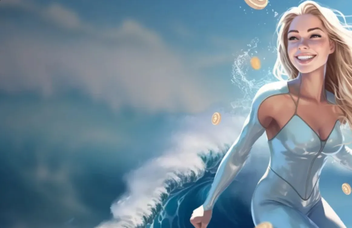 Smiling woman in a silver bodysuit running by an ocean wave with coins floating around.