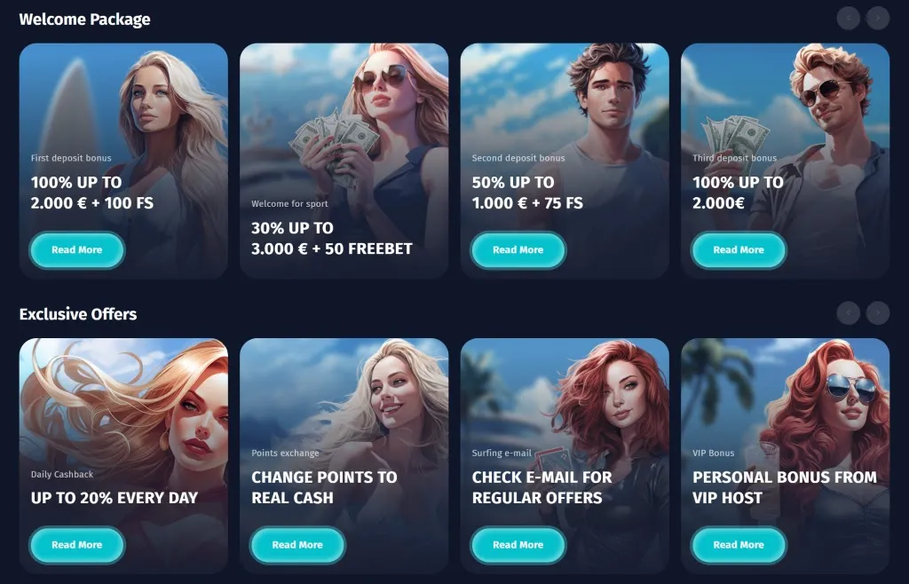 Surfplay promotions showing welcome bonuses, daily cashback, and VIP rewards with illustrated characters.
