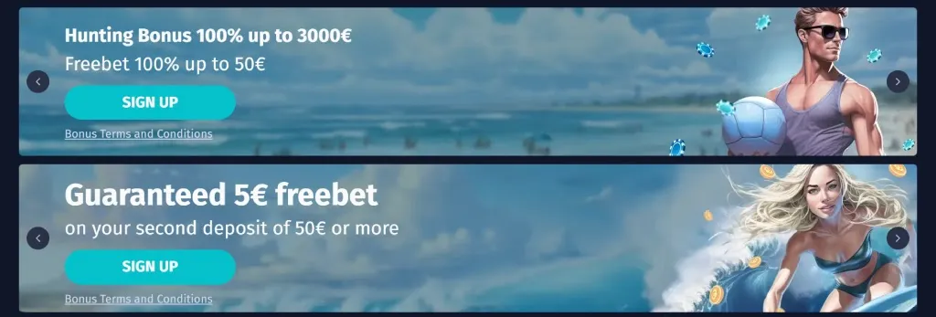 Top banner shows a man with sunglasses holding a volleyball on the beach; bottom banner shows a woman surfing with coins in the background.