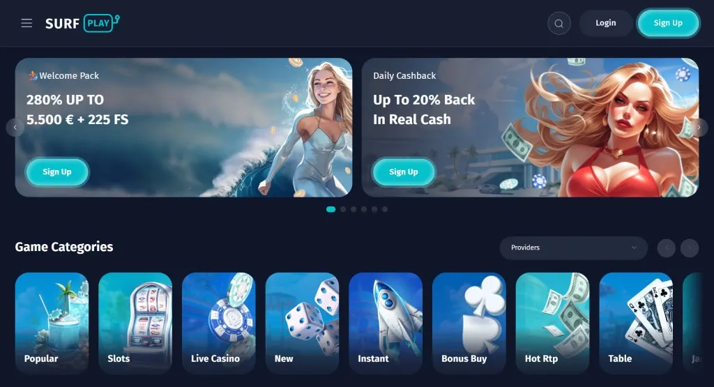  Surfplay homepage showing promotional banners with female characters for a welcome pack and daily cashback. Text highlights offers like '280% up to €5,500 + 225 FS' and 'Up to 20% Back in Real Cash.' Game category icons are displayed below, including Popular, Slots, Live Casino, New, Instant, Bonus Buy, Hot RTP, and Table.