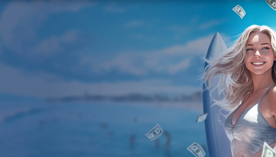 Smiling woman with a surfboard and floating money by the ocean.