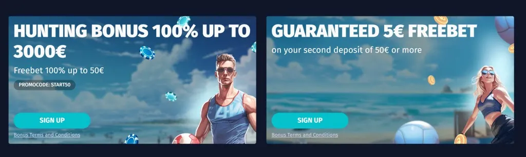 Two Surfplay sports betting promotions: one offering up to 3000€ and another with a 5€ freebet on second deposit.