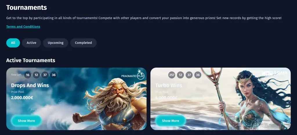 Tournaments section showing Drops and Wins with Poseidon character and Turbo Wins featuring a mermaid warrior, with prize pools and countdown timers.