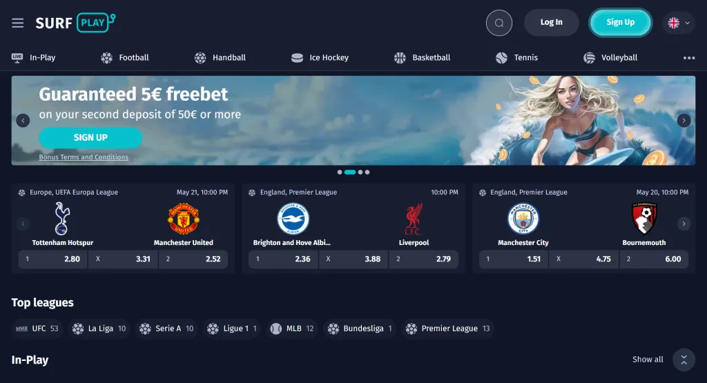 Surfplay sports betting section showing upcoming football matches and a 5€ freebet promotion banner.