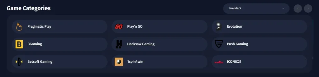 List of Surfplay game providers including Pragmatic Play, Play'n GO, Evolution, and more.