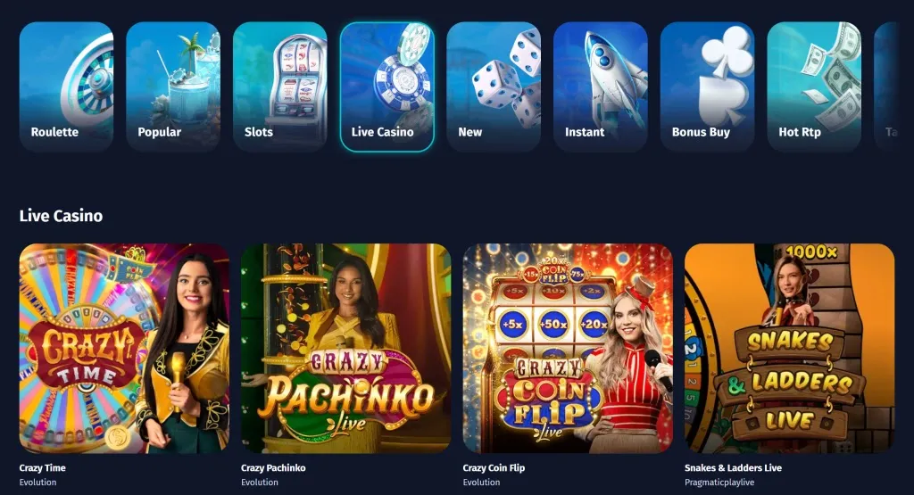 Surfplay live casino section showing Crazy Time, Crazy Pachinko, Coin Flip, and Snakes & Ladders Live games.