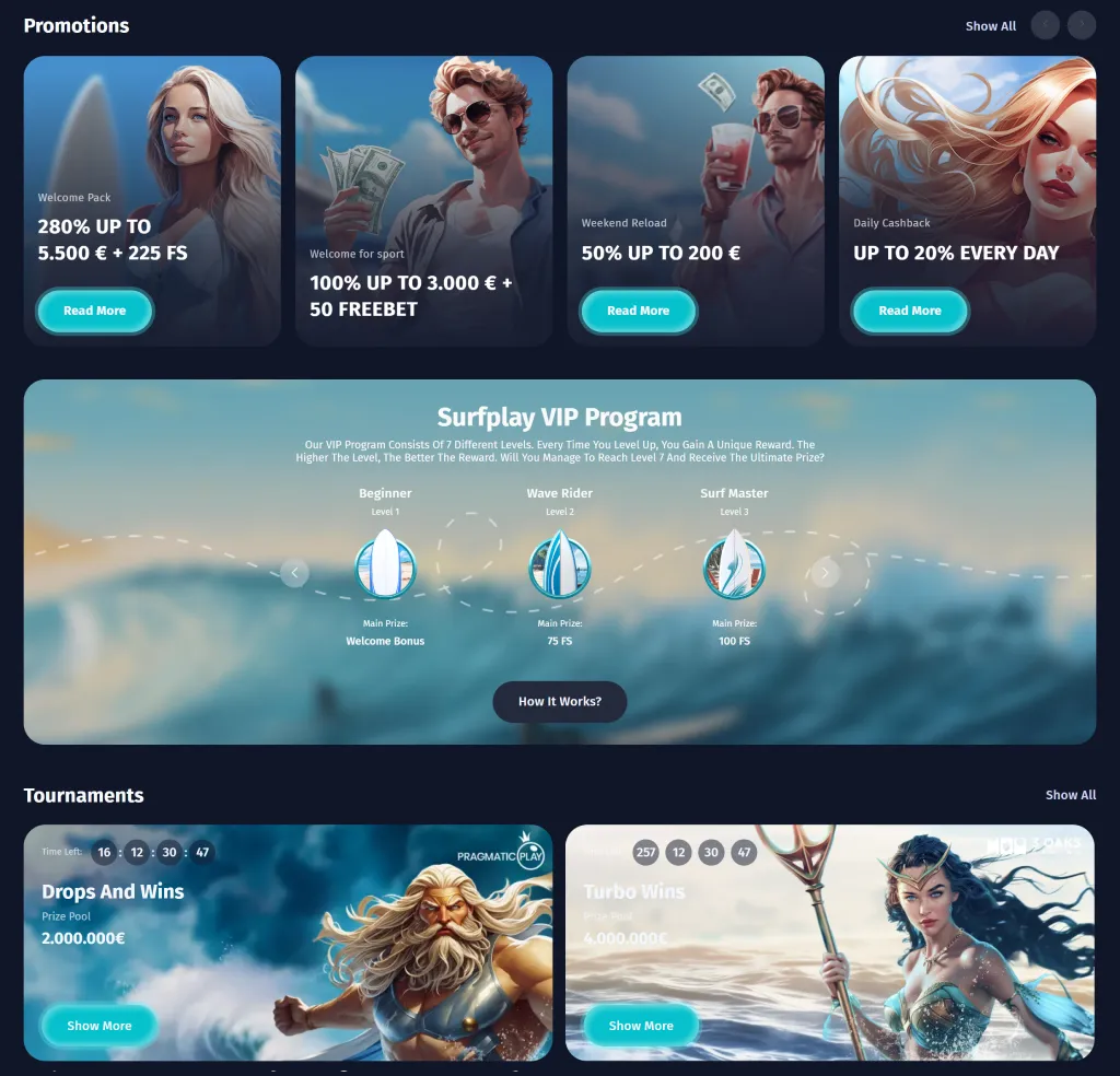 Overview of Surfplay bonuses, VIP program with surfboard levels, and active tournaments featuring ocean-themed characters.