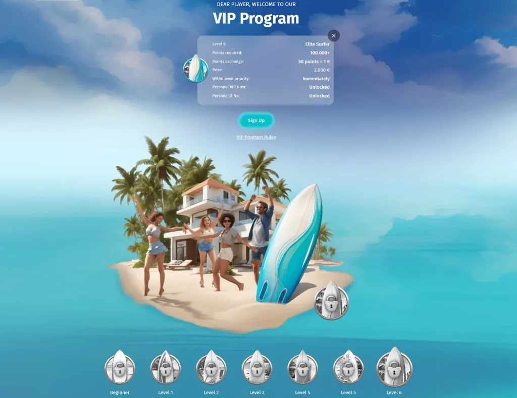 VIP program island scene with players celebrating on the beach, surfboard in front, and level icons from Beginner to Level 6 shown below.