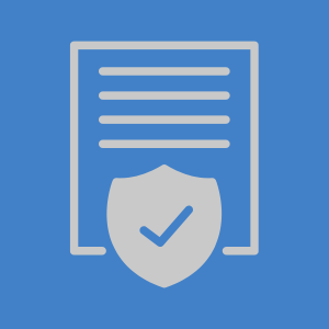 Document icon with a shield and checkmark representing verification or approval on a blue background