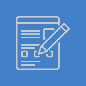 Form icon with text lines, checkboxes, and a pencil indicating filling out a form on a blue background