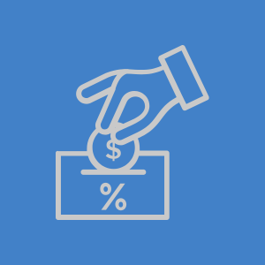 Hand inserting a coin with a dollar sign into a box marked with a percentage symbol on a blue background