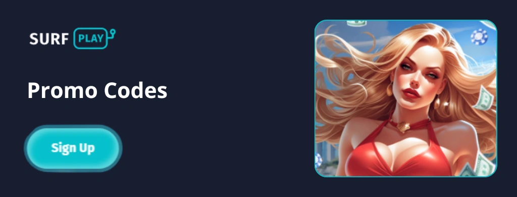 SurfPlay promo codes with a woman in a red dress holding money.
